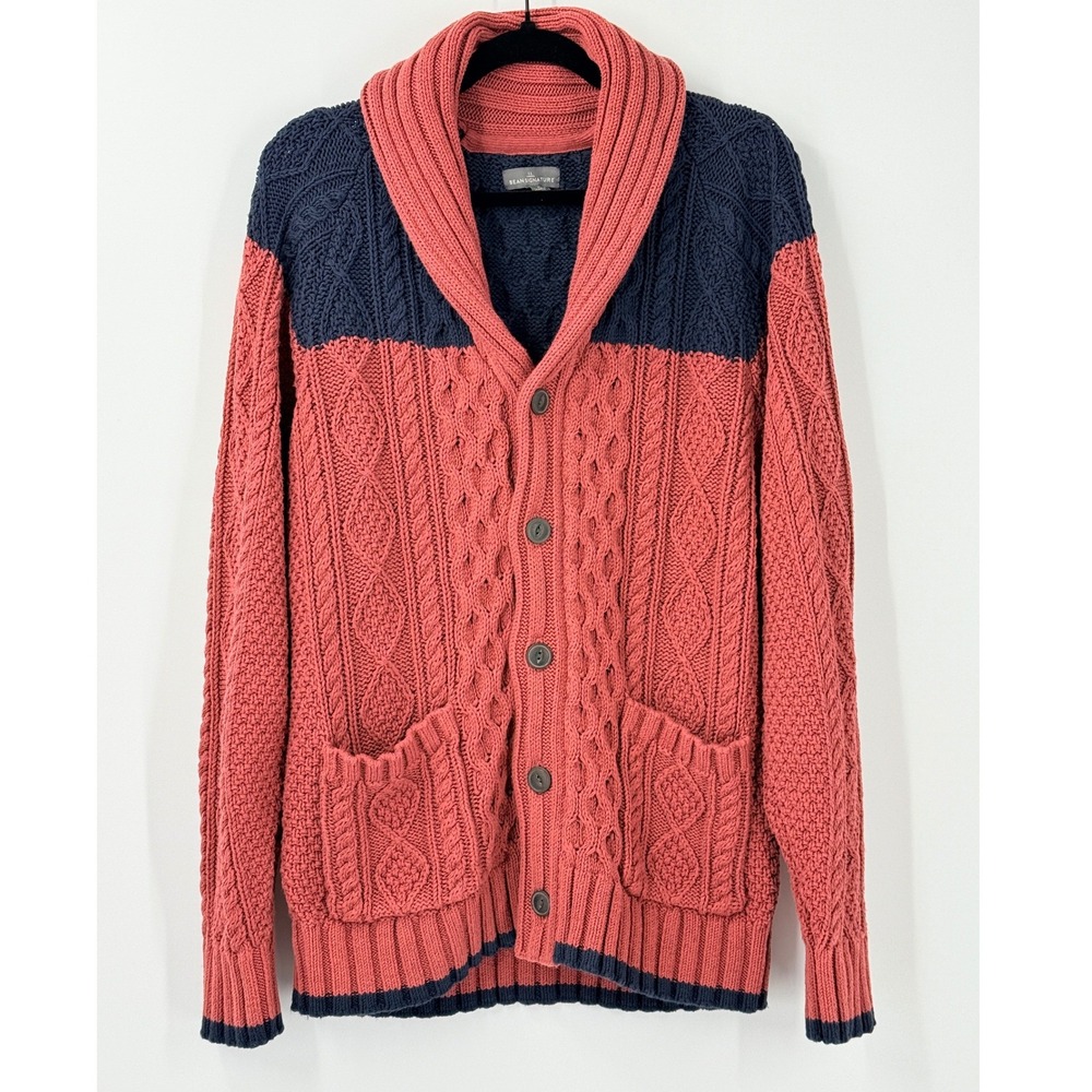LL Bean Signature Mens‎ M Shawl Collar Cable Knit Cardigan Sweater dad academia